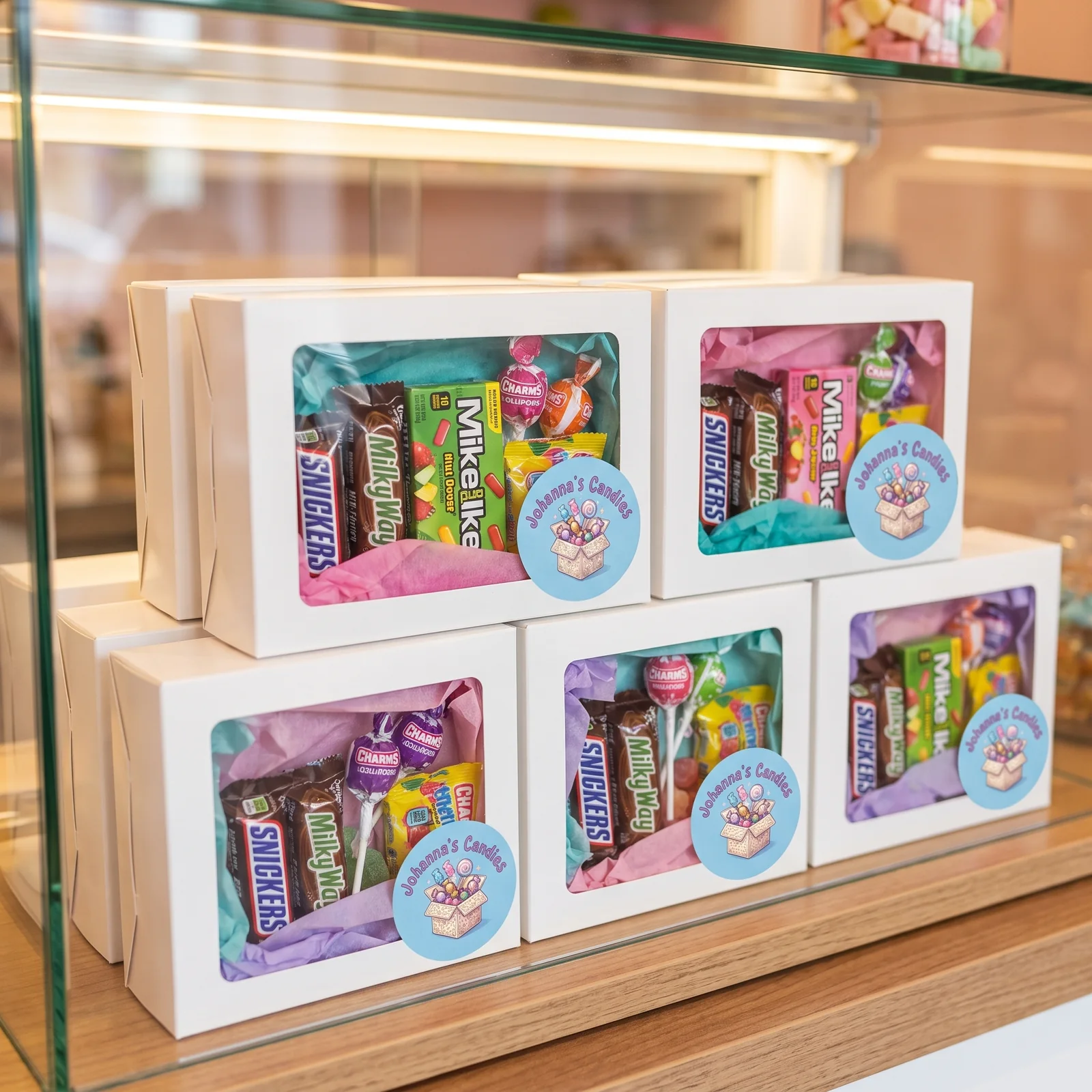 Varias cajitas decoradas de Johanna's Candies exhibidas en una vitrina